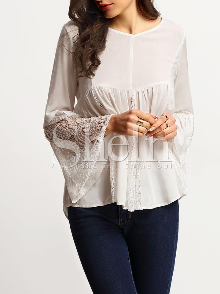 Shein White Bell Sleeve Dip Hem Lace Insert Blouse