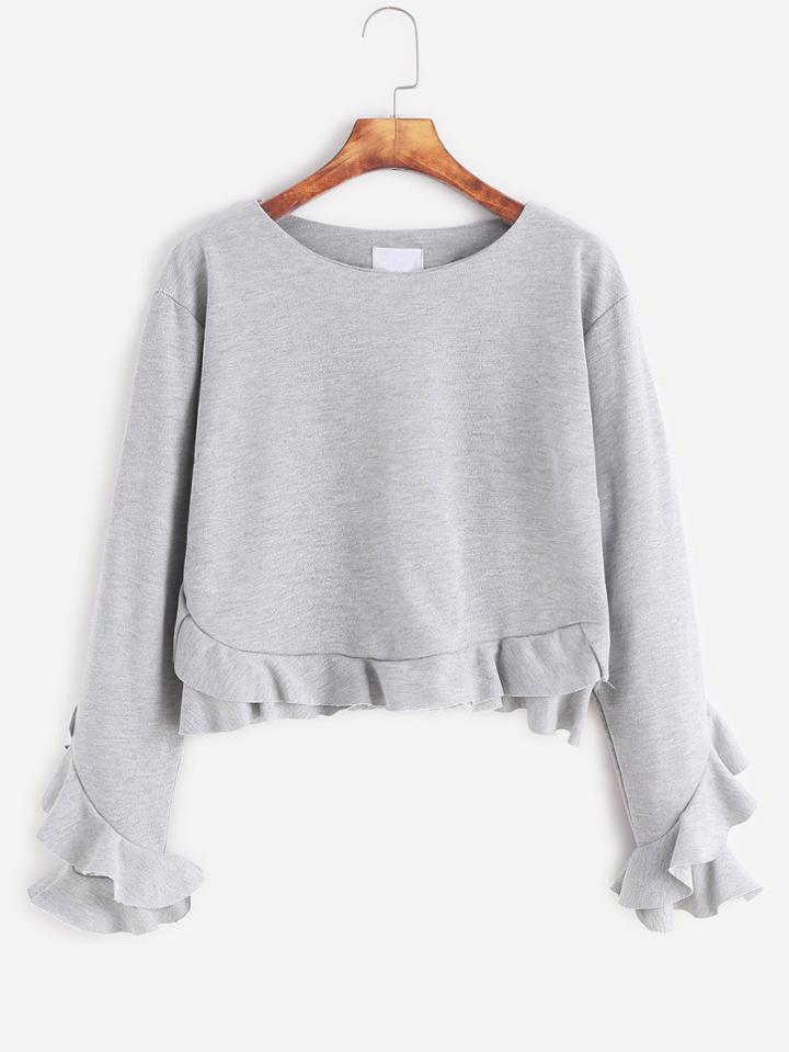 Shein Grey Ruffle Trim Crop T-shirt