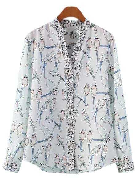 Shein Multicolor V Neck Buttons Front Bird Print Blouse