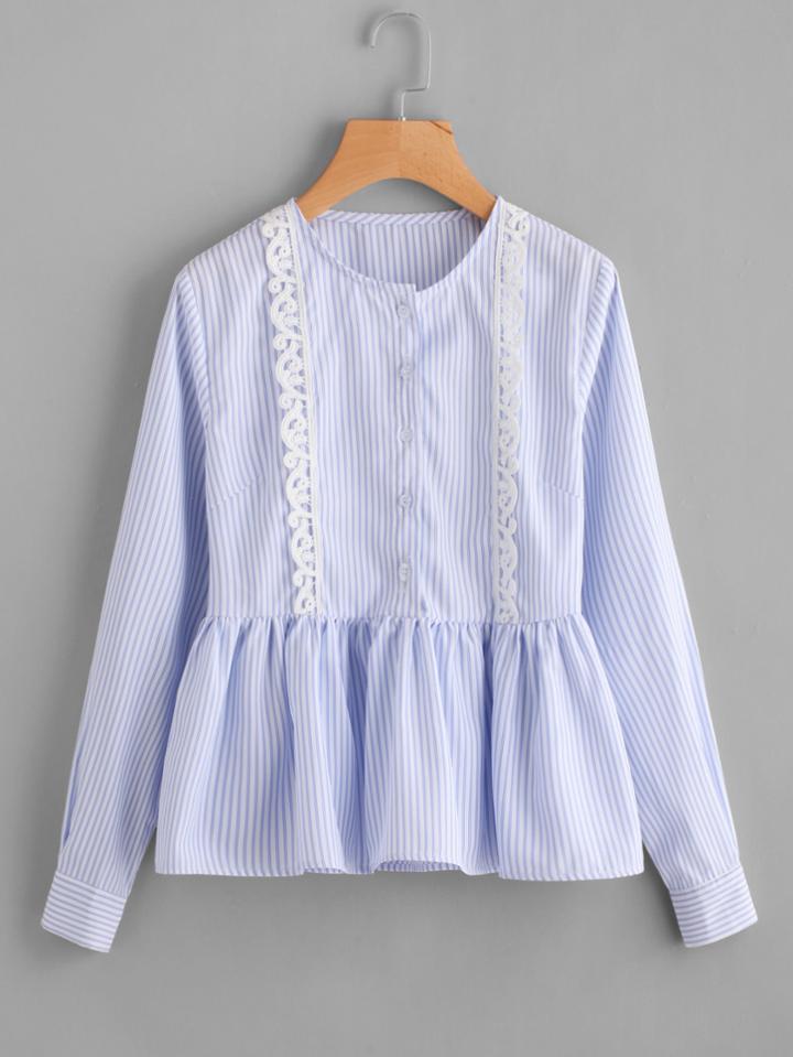Shein Lace Trim Half Placket Pinstripe Blouse