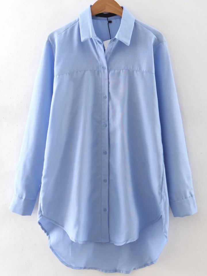 Shein Blue Button Up High Low Blouse