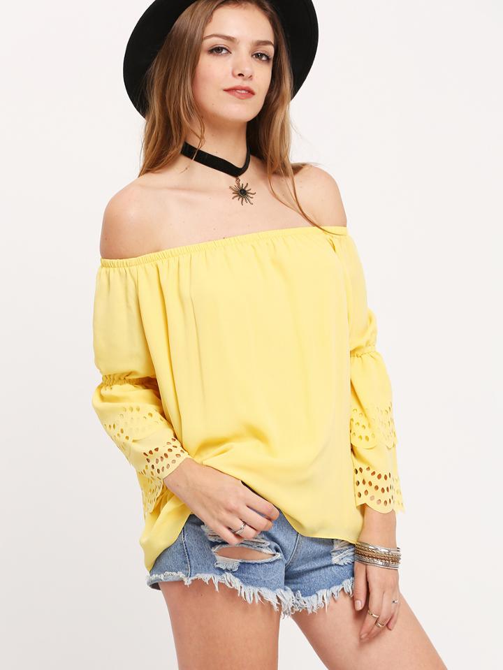 Shein Yellow Off The Shoulder Ruffle Blouse