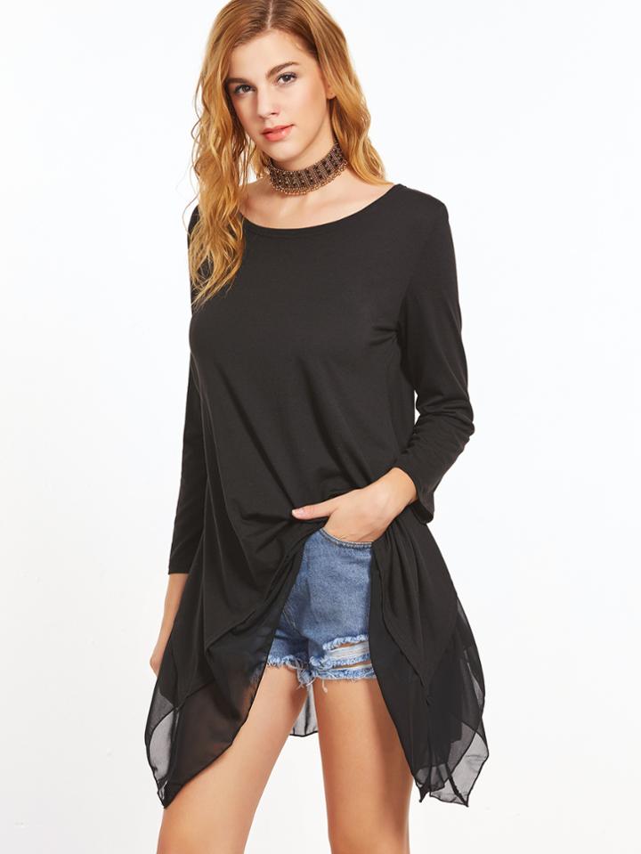Shein Black Contrast Mesh Asymmetric Hem T-shirt