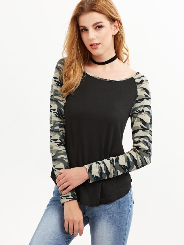 Shein Camo Print Curved Hem Raglan Sleeve Top