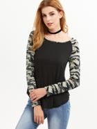Shein Camo Print Curved Hem Raglan Sleeve Top