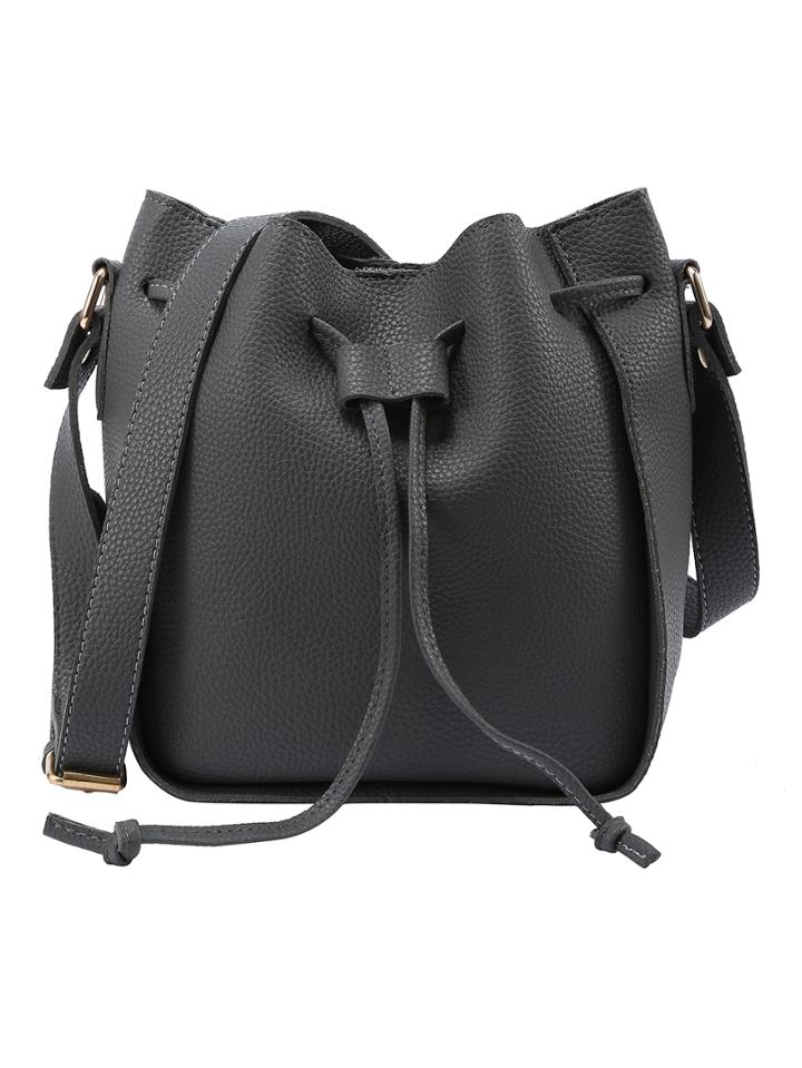 Shein Embossed Faux Leather Drawstring Bucket Bag - Grey