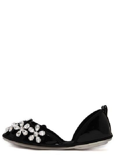 Shein Black Square Toe Rhinestone Patent Leather Flats