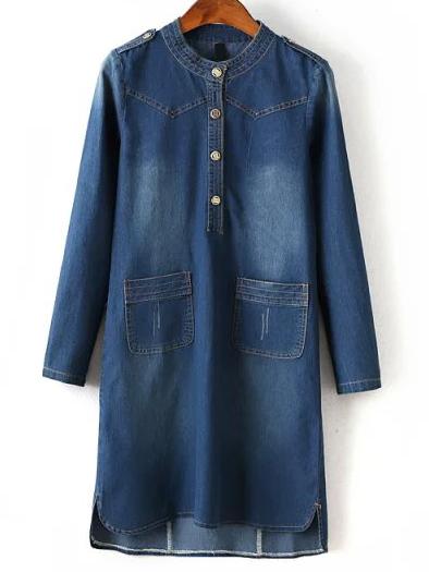 Shein Navy Stand Collar Epaulet Bleached Denim Dress