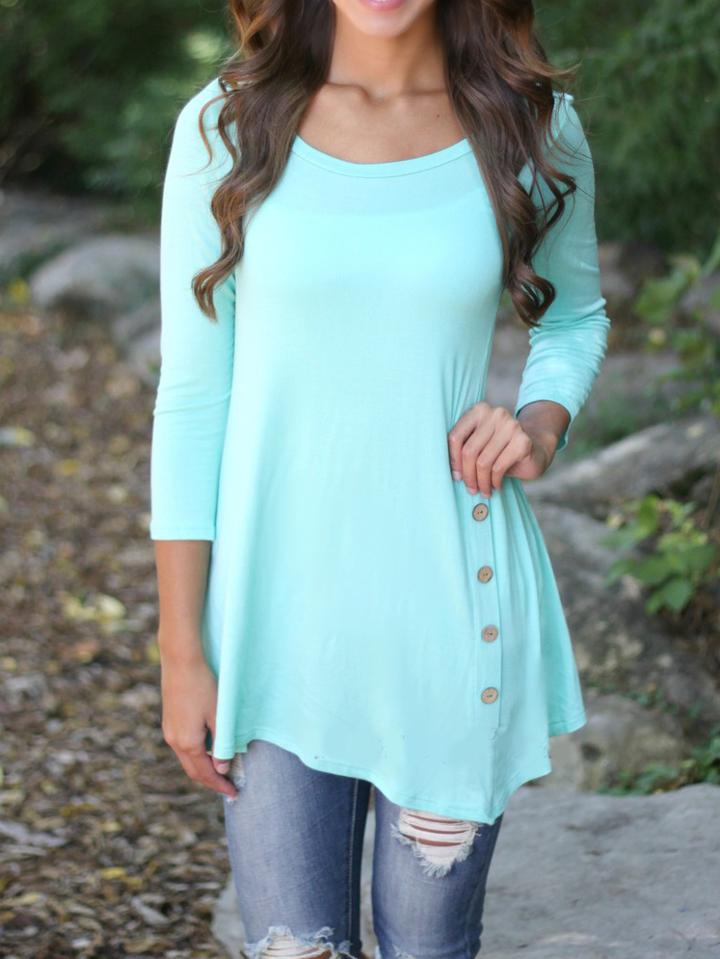 Shein Mint Green Round Neck Side Buttons T-shirt