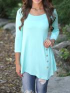 Shein Mint Green Round Neck Side Buttons T-shirt