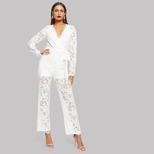 Shein Floral Lace Overlay Wrap Jumpsuit With Belt