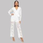 Shein Floral Lace Overlay Wrap Jumpsuit With Belt