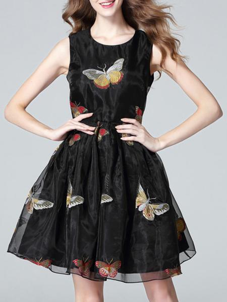 Shein Black Organza Bow Embroidered A-line Dress