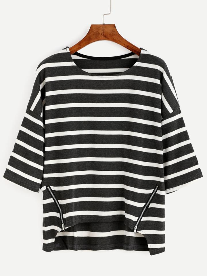 Shein Contrast Striped Zipper Front High Low T-shirt