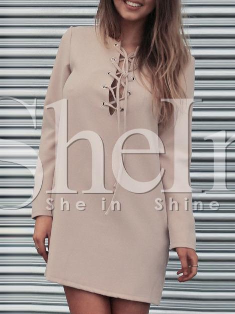 Shein Apricot Lace Up Neck Shift Dress