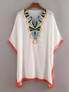 Shein Pom Pom Trimmed Embroidered Poncho White Blouse