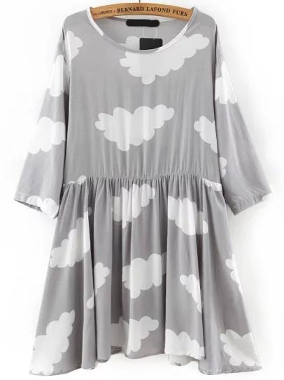Shein Grey Round Neck Cloud Print Pleated Dress