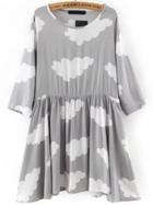 Shein Grey Round Neck Cloud Print Pleated Dress