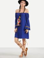 Shein Blue Off The Shoulder Tassel And Woven Tape Dress