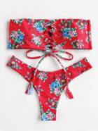 Shein Calico Print Criss Cross Bandeau Bikini Set