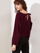 Shein Burgundy Tied V Back Drop Shoulder Frill Trim Sweatshirt
