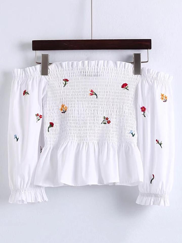 Shein Boat Neckline Shirred Detail Ruffle Top
