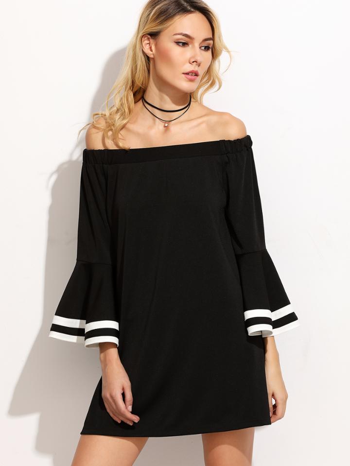 Shein Black Striped Trim Bell Sleeve Off The Shoulder Dress