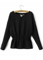 Rosewe Laconic Round Neck Long Sleeve Solid Black T Shirt