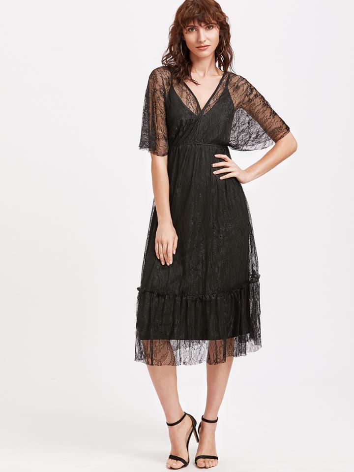 Shein Black Lace Overlay A Line Dress