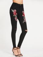 Shein Rose Applique Knee Ripped Skinny Pants
