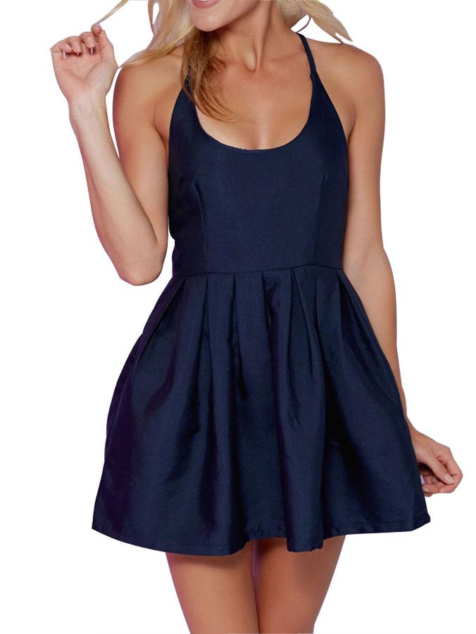 Shein Crisscross Back Flare Navy Dress