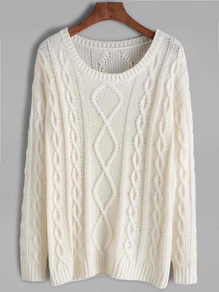 Shein White Cable Knit Drop Shoulder Sweater