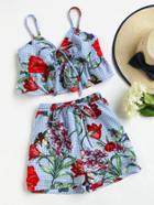 Shein Tie Front Frilled Bustier Cami And Shorts Set