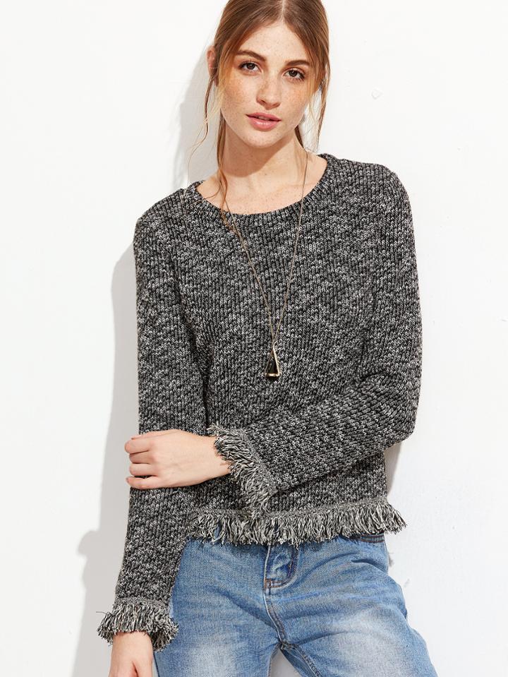 Shein Marled Knit Frayed Trim Sweatshirt