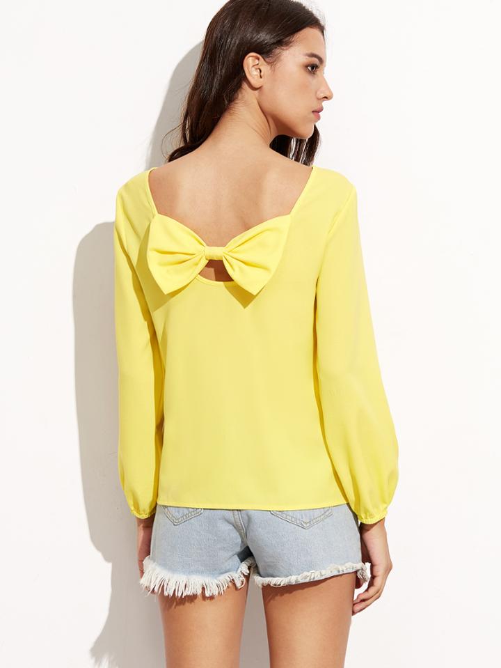 Shein Yellow Bow Back Lantern Sleeve Top