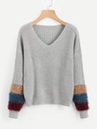 Shein V Neckline Fur Cuff Sweater