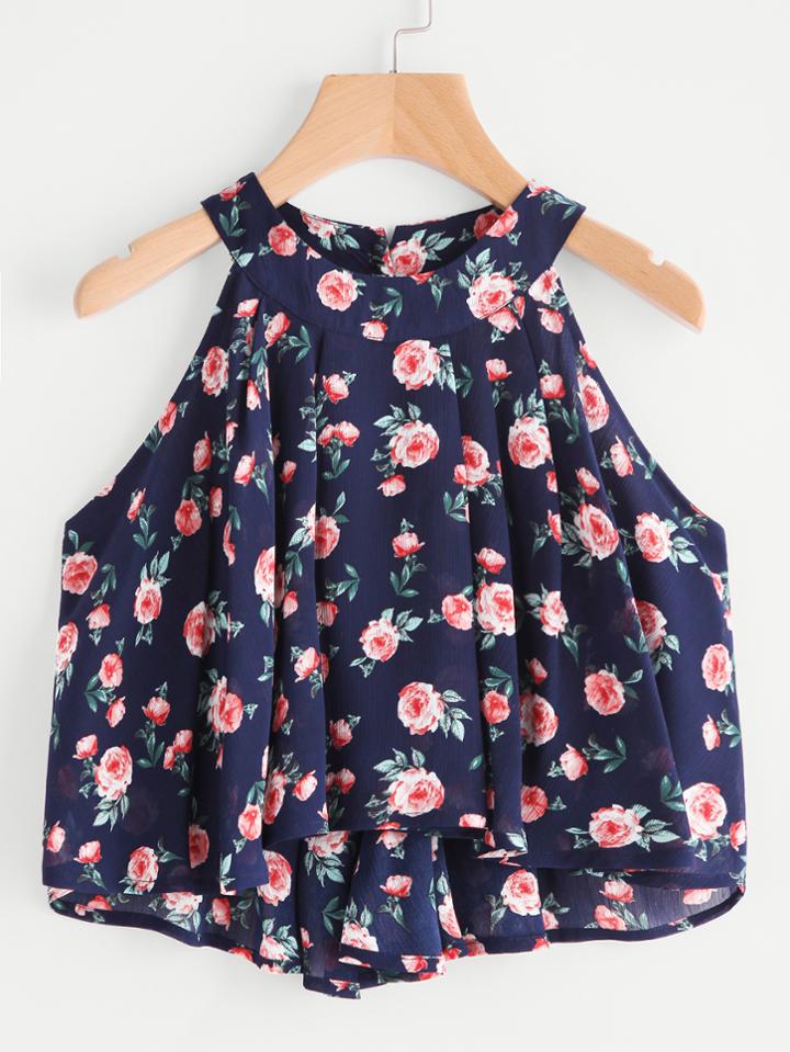 Shein Calico Print Dip Hem Halter Top