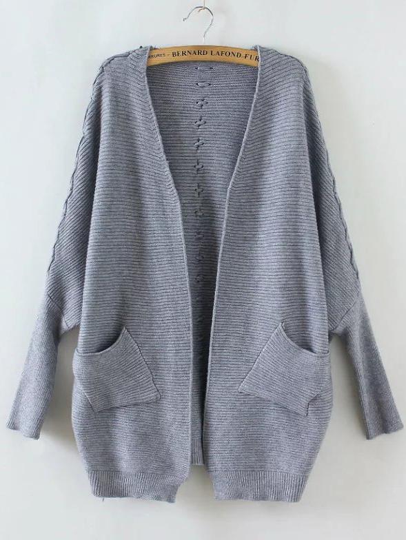 Shein Grey Batwing Sleeve Lace Up Back Cardigan With Pocket
