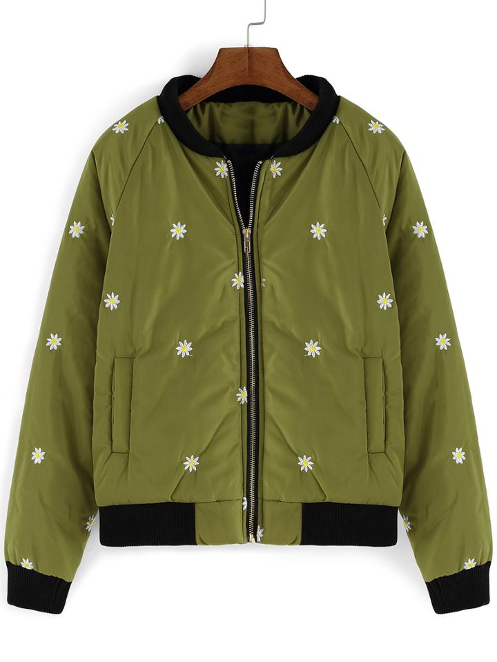 Shein Army Green Long Sleeve Daisy Print Coat