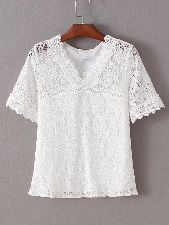 Shein White V Neck Lace Slim Blouse