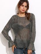 Shein Grey Bell Cuff Pleated Sheer Sparkle Top