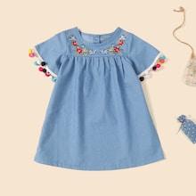 Shein Toddler Girls Button Back Pom Pom Trim Floral Embroidery Dress