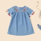 Shein Toddler Girls Button Back Pom Pom Trim Floral Embroidery Dress