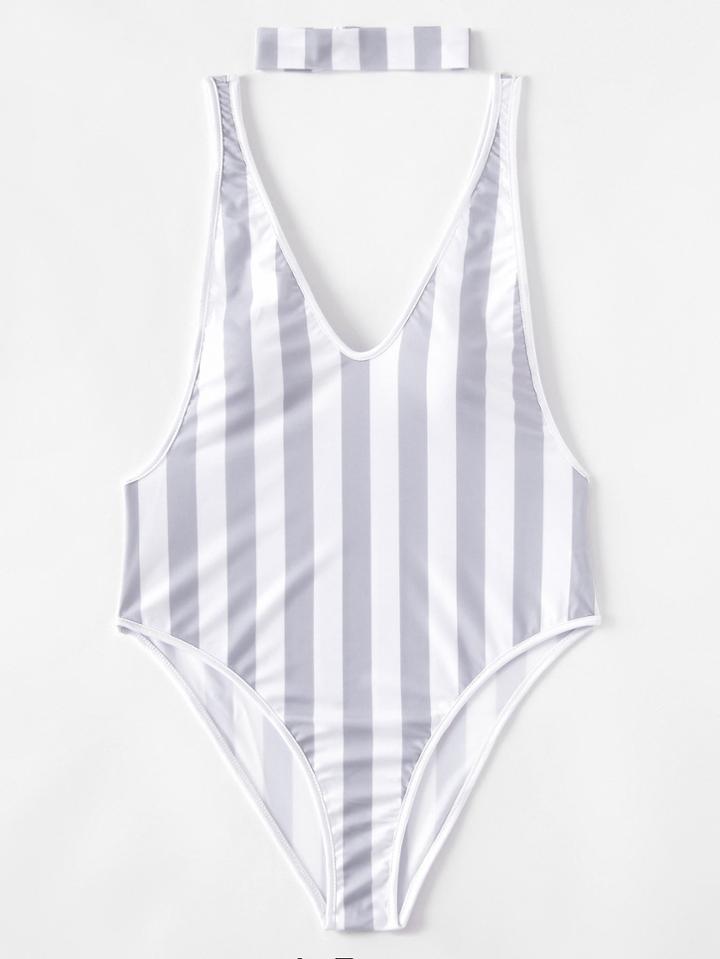 Shein Block Striped Drop Arm Hole Swimsuit With Choker