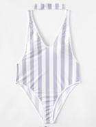 Shein Block Striped Drop Arm Hole Swimsuit With Choker