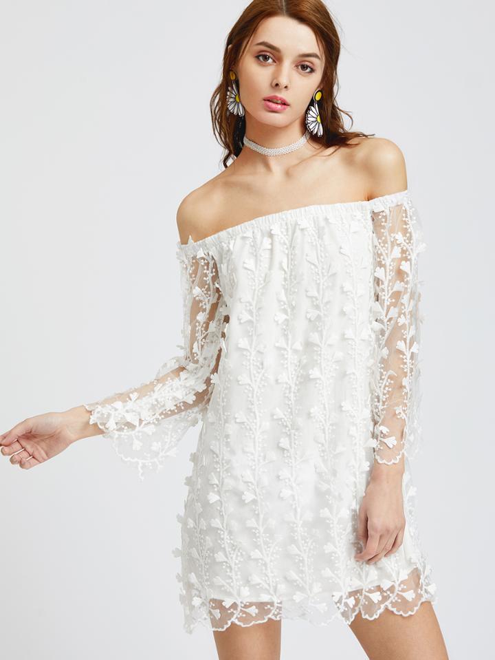 Shein Bardot Botanical Applique Embroidered Overlay Dress