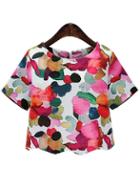 Shein White Round Neck Ikat Neat Awesome Floral Crop Blouse