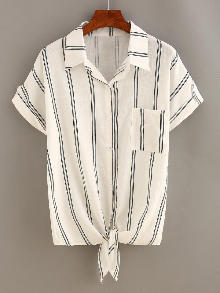 Shein Vertical Striped Knot-front Blouse