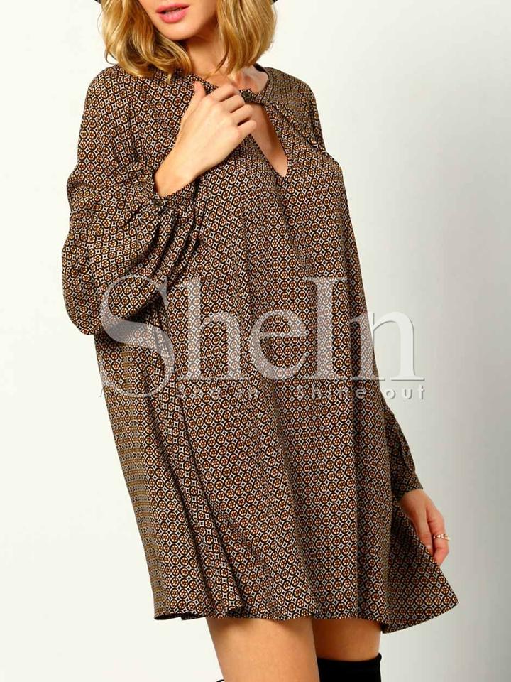 Shein Brown Long Sleeve Vintage Print Dress