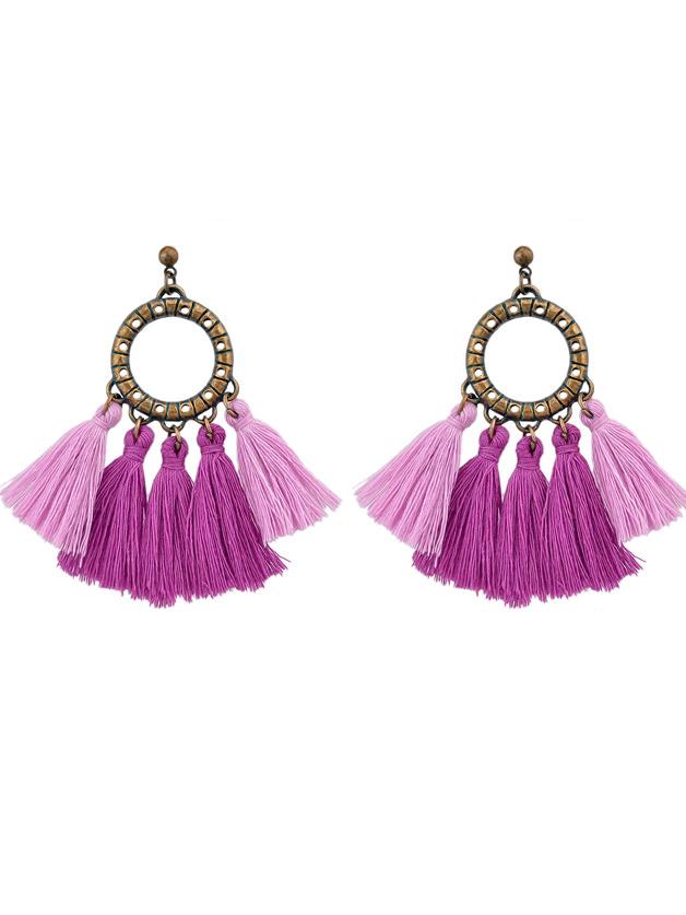 Shein Purple Boho Circle With Tassel Big Statement Earrings